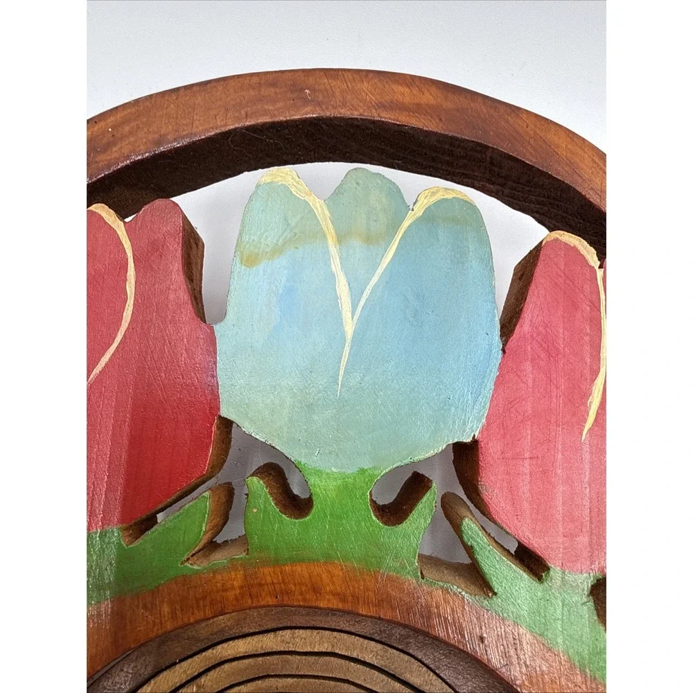 Vintage Spiral Cut Collapsible Wooden‎ Basket Floral Rose Tulip Handmade